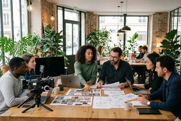 Équipe d'agence de communication en réunion stratégique pour un client en Moselle