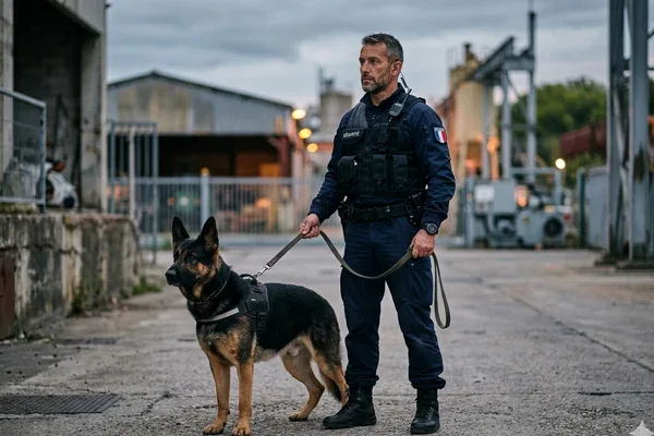 Agent cynophile en mission de sécurité avec son chien Rottweiler en Moselle
