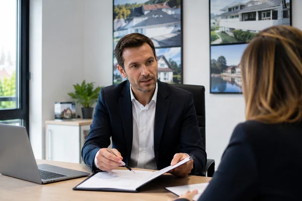 Agent immobilier en consultation client dans une agence en Moselle