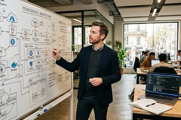 Architecte logiciel devant des écrans présentant un schéma d'architecture cloud microservices en bureau de Moselle