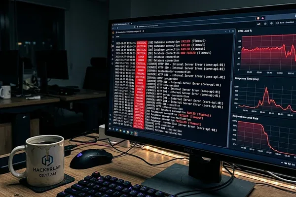 Salle serveurs en cellule de crise avec écrans de monitoring affichant incidents de production majeurs — illustration risque architecte