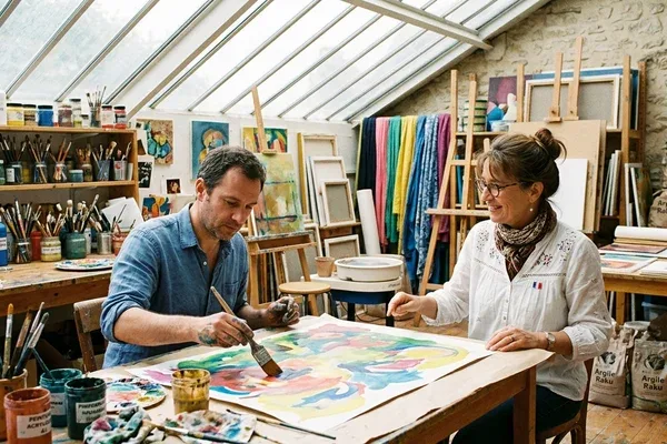 Art-thérapeute accompagnant un client en atelier peinture en cabinet de Moselle