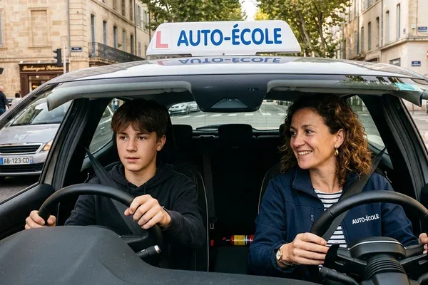 Moniteur d'auto-école avec élève en voiture double-commande en Moselle