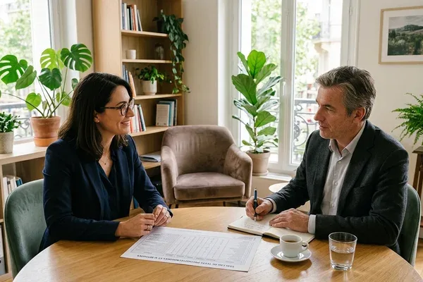 Consultant en bilan de compétences présentant une synthèse de restitution à un bénéficiaire en cabinet de Moselle