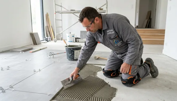Carreleur artisan en Moselle posant du carrelage avec une spatule crantée