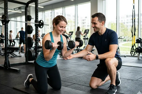 Coach sportif accompagnant un client dans une salle de sport en Moselle