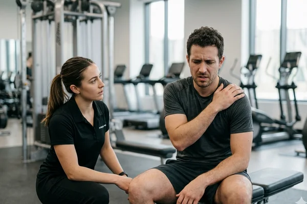 Coach sportif avec client blessé en salle de sport — sinistre RC Pro