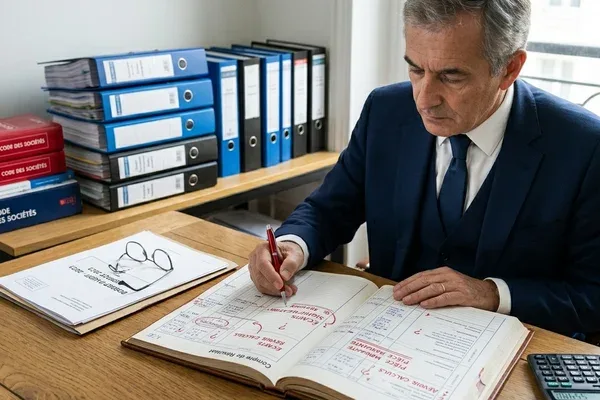 Commissaire aux comptes examinant un dossier d'audit avec piles de classeurs comptables en Moselle