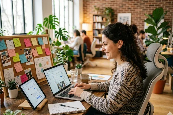 Community manager animant les réseaux sociaux d'une marque depuis son bureau en Moselle