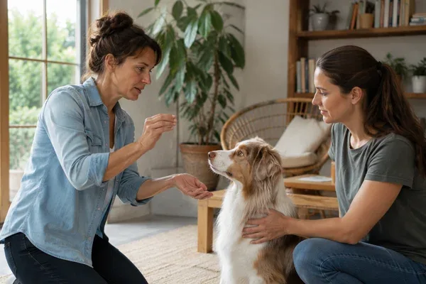 Comportementaliste animalier mosellan analysant un chien lors d'une consultation à domicile