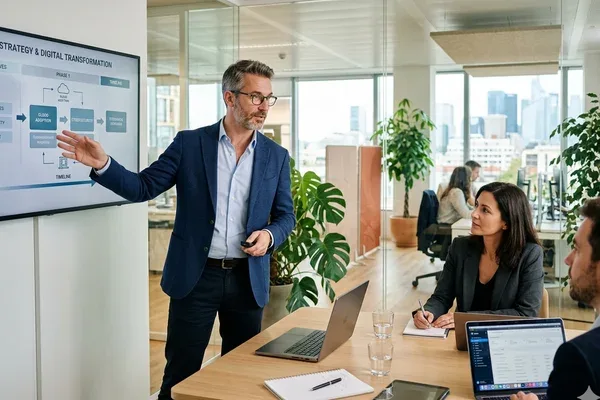 Consultant IT en réunion architecture SI avec un client en Moselle