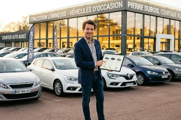 Courtier automobile présentant un véhicule d'occasion d'importation à un acheteur en concession privée de Moselle