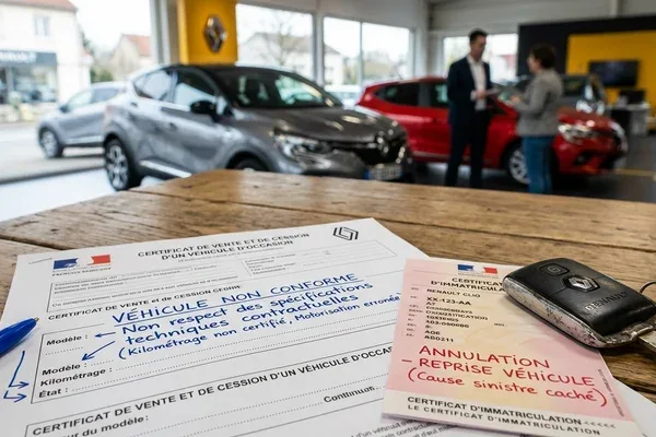 Véhicule d'occasion importé avec dossier de contestation client — illustration risque non conformité COC import européen
