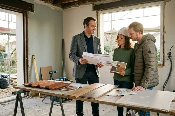 Courtier en travaux présentant un dossier de devis à un couple de propriétaires pour un projet de rénovation en Moselle