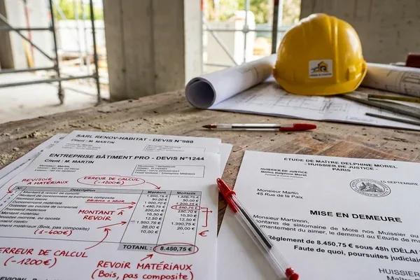 Chantier abandonné de rénovation avec lettre de mise en demeure du client au courtier — illustration risque défaillance artisan