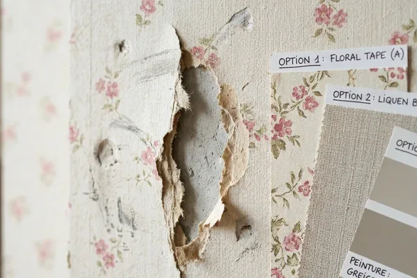 Parquet rayé et meubles déplacés en cours d'aménagement intérieur avec outils — illustration risque casse pendant pose