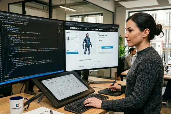 Développeur e-commerce devant écrans présentant tunnel de commande et interface admin Shopify en studio de Moselle