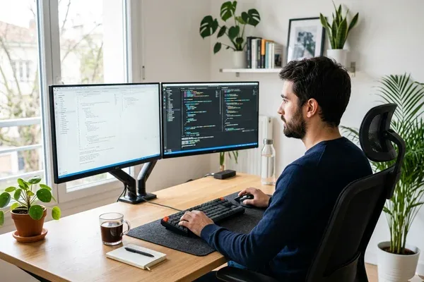 Développeur web freelance en train de coder dans un bureau en Moselle