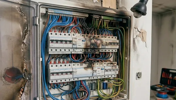 Tableau électrique brûlé après court-circuit — sinistre décennal typique en électricité