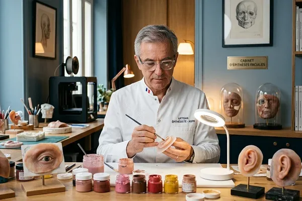 Épithésiste en atelier de prothèses faciales en silicone médical en Moselle