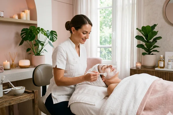 Esthéticienne réalisant un soin du visage dans un institut de beauté en Moselle