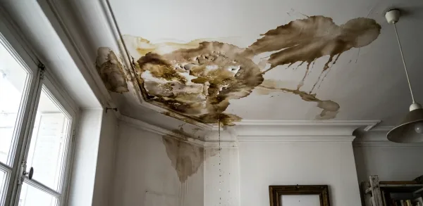 Plafond intérieur avec taches d'humidité et infiltration d'eau provenant d'une toiture-terrasse défaillante — sinistre décennal typique en étanchéité