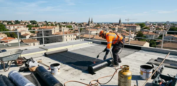 Étancheur en Moselle posant une membrane bitumineuse sur une toiture-terrasse
