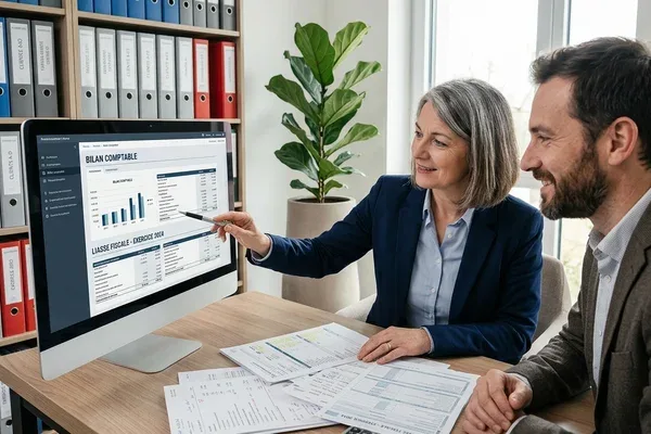 Expert-comptable en consultation avec un dirigeant de PME devant un bilan en Moselle