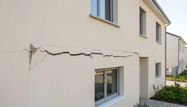 Façade fissurée et enduit décollé — sinistre décennal typique en ravalement