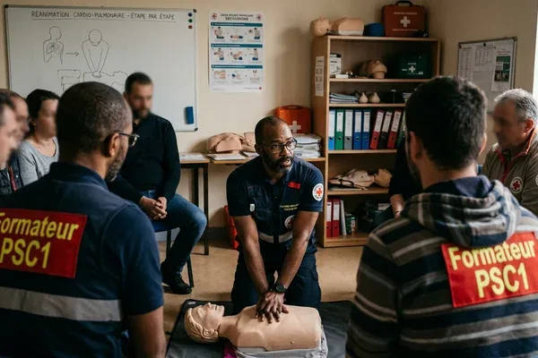Formateur en secourisme dispensant une formation PSC1 sur mannequin en Moselle