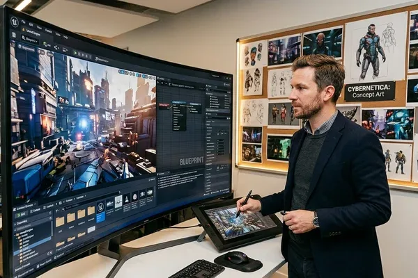 Game designer travaillant sur tablette graphique et écrans présentant level design et character animation en studio de Moselle