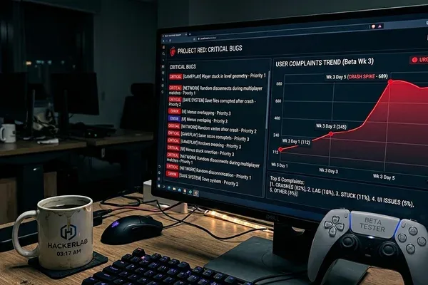 Tableau de bord de monitoring affichant taux de crash élevé sur jeu vidéo en production avec sessions impactées — illustration risque bug critique livraison