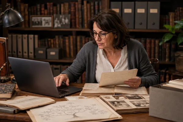 Généalogiste mosellan consultant des archives historiques dans son cabinet