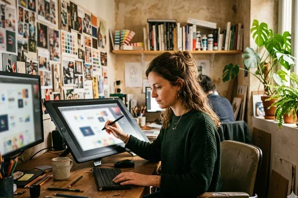 Graphiste freelance créant une identité visuelle pour un client en Moselle