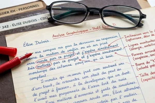 Rapport graphologique de recrutement avec annotations sur traits de personnalité — illustration risque discrimination embauche