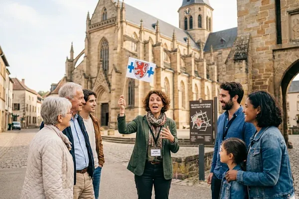 Guide touristique mosellan accompagnant un groupe devant un monument historique