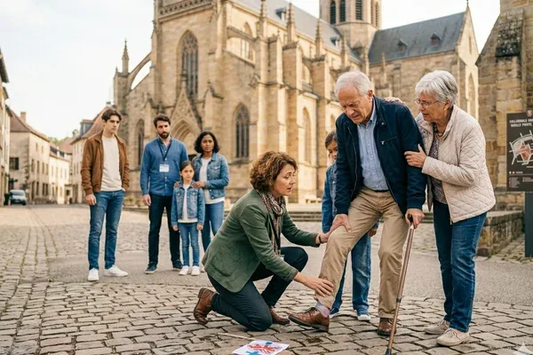 Guide touristique face à un accident de groupe dans un monument historique