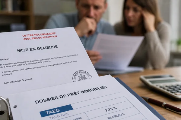Dossier de prêt immobilier avec mise en demeure d'huissier — illustration risque défaut de conseil IOBSP