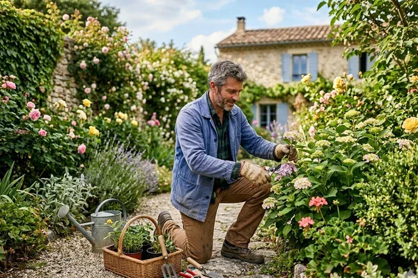 Jardinier-paysagiste travaillant à l'entretien d'un jardin en Moselle