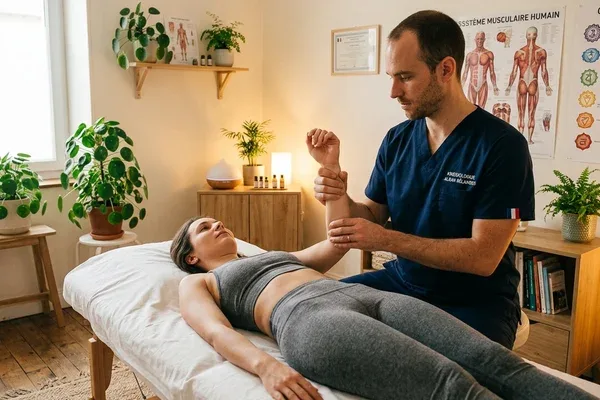 Kinésiologue effectuant un test musculaire sur un client allongé en cabinet de Moselle