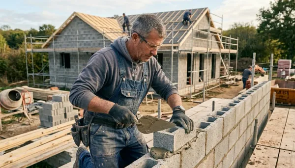 Maçon artisan BTP en Moselle posant des blocs sur un chantier résidentiel