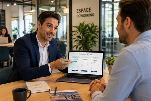 Mandataire d'IOBSP présentant une simulation de prêt immobilier à un couple pour le compte d'un courtier en crédit en Moselle