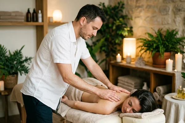 Masseur bien-être réalisant un modelage dans un spa moderne en Moselle