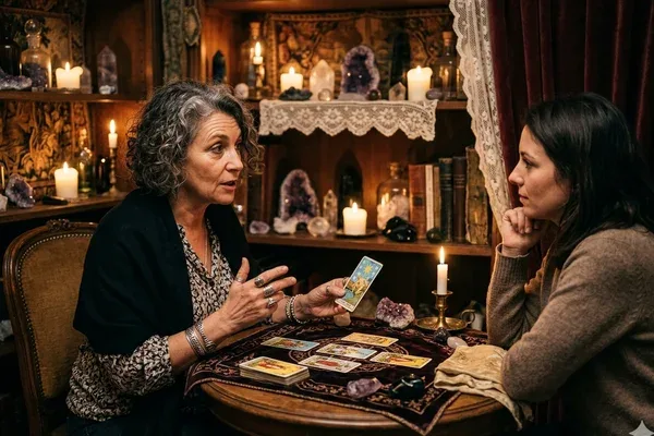 Médium-voyant en consultation tarot avec un client dans un cabinet en Moselle