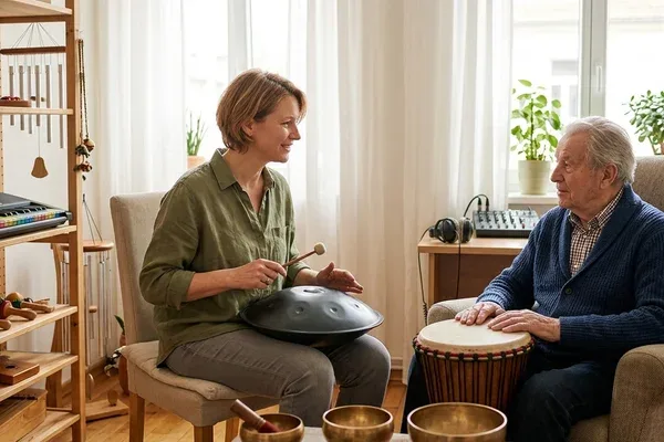 Musicothérapeute en séance avec un patient adulte et instruments de musique en cabinet de Moselle