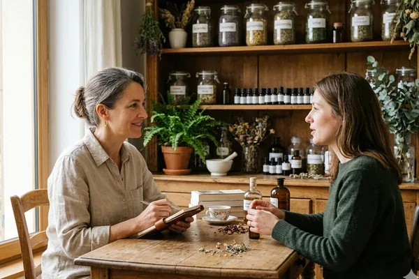 Naturopathe en consultation avec un client dans un cabinet en Moselle