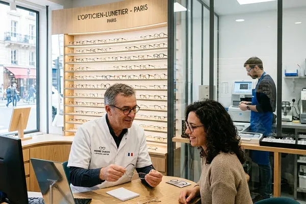 Opticien-lunetier en consultation client devant un présentoir de montures en Moselle