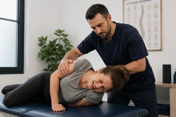Patient en consultation post-manipulation — sinistre RC Pro ostéopathie