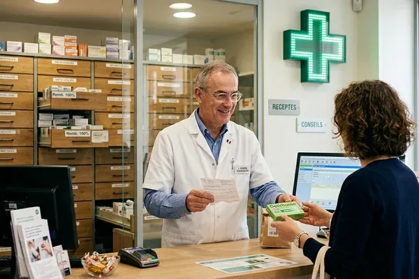 Pharmacien d'officine derrière le comptoir en train de délivrer un médicament en Moselle