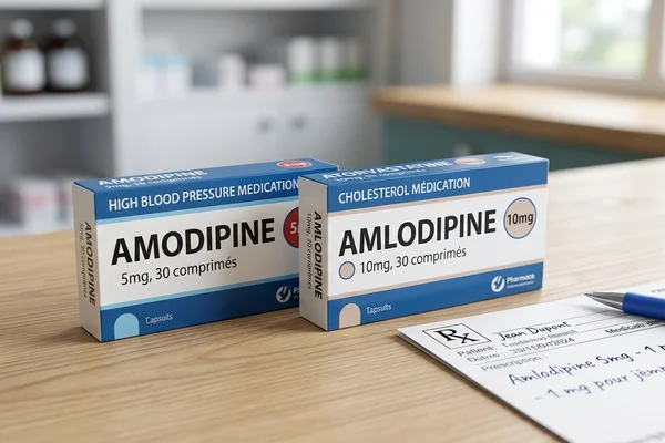 Boîtes de médicaments similaires sur comptoir d'officine — illustration risque confusion en pharmacie